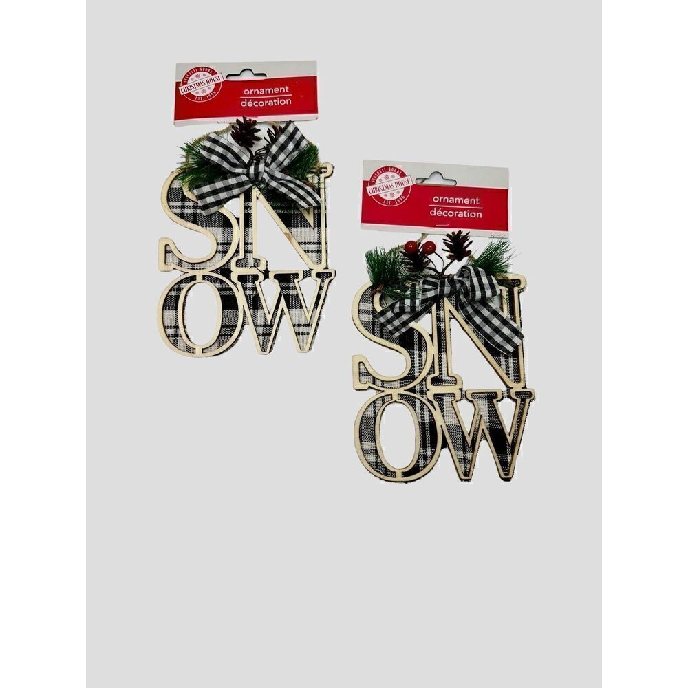 Plaid SNOW Rustic Farmhouse Christmas Holiday Ornaments Black and White 5 Inches